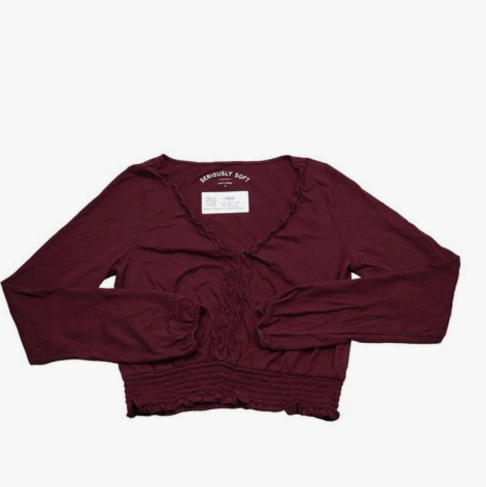 y2k Seriously Soft Shirt Womens S Maroon Long Sleeve V Neck Lace Peasant Top